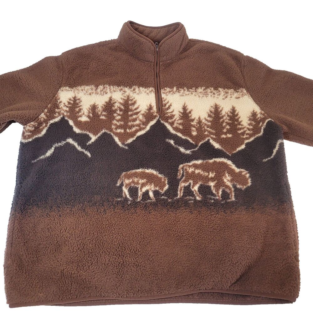 Old Navy Bison Buffalo Mountains Sherpa Fleece Men's 1/4 Zip XL Pullover Brown
